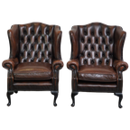 Set Van 2 Mooie, Donkerbruine Engelse Rundleren Chesterfield Oorfauteuils thumbnail 1