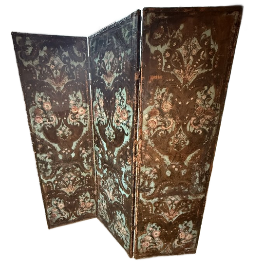 3-luik Kamerscherm Van Geperst Leer Met Handgeschilderd Bloemmotief 1