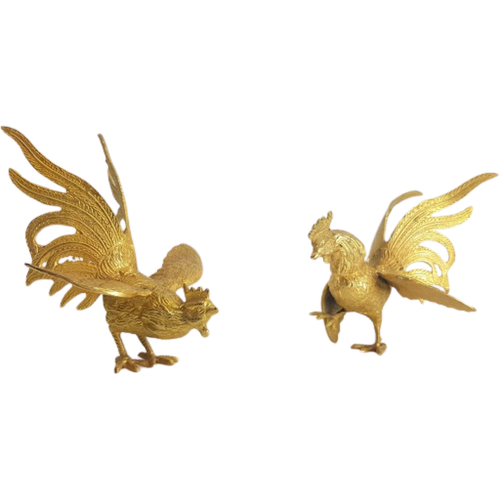 2 Vintage Hanen Goud Vogels Metaal ‘60 Fighting Roosters