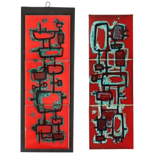 Vintage Abstracte Muurdecoratie Rood Keramiek Set Van 2 1