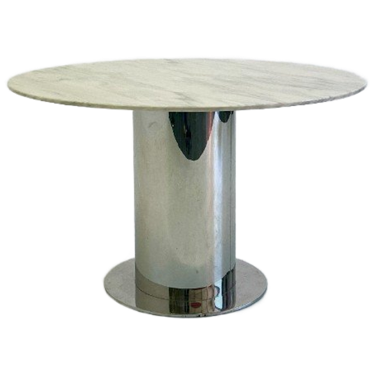 Italiaanse Eettafel Met Wit Marmeren Blad En Chromen Cilindervormige Voet 1