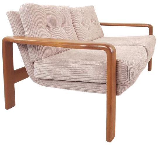 Vintage Teakhouten Bank Roze Ribstof | Lichtroze Bankje 1