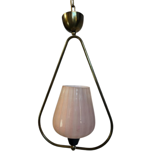 Vintage Jaren 50 Hanglamp: Messing & Zalmroze Opaline