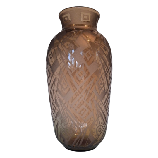 Art Deco Vase In Acid Etched Smoked Geometric Glass By Daum Nancy France 1