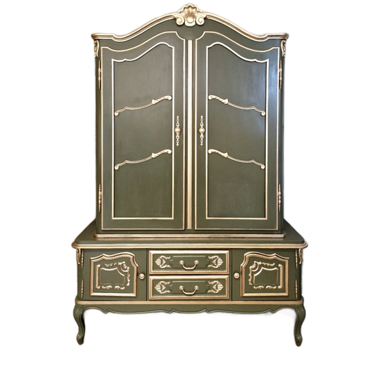 Queen Anne Kast In Groen En Goud/ Vintage Buffetkast 1