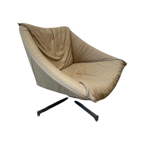 Midcentury Design Draaifauteuil, Leer Beige/Grijs Chroom