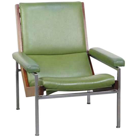 Tijdloze Groene Rundleren, Houten Vintage Jaren ’60 Design Fauteuil Model Lotus 1611 Van Rob Parry 1