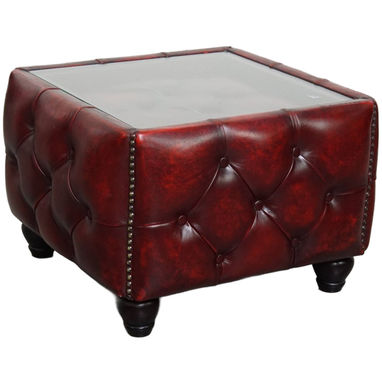Mooie Rundleren Chesterfield Bijzet/ Salontafel In Een Mooie Rode Kleur Met Glazen Blad 1