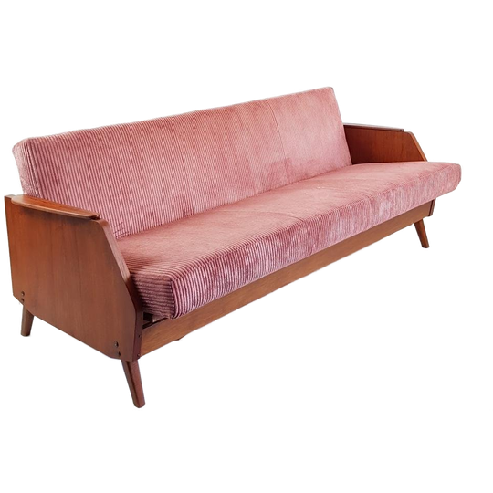 Vintage Rode Slaap Bank Teak Fineer | Roze Bank Ribstof 1