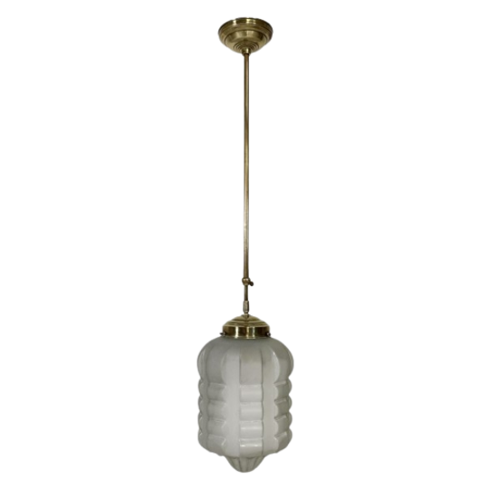 Art Deco Hanglamp Met Mat Glazen Kap En Messing Armatuur, Jaren 30 1