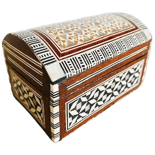 Vintage Khatam Geometrische Houten Sieradendoos Parelmoer Inlegwerk Hout 1970’s 1