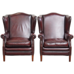 Set Van 2 Mooie En Comfortabele Bordeauxrode Rundleren Oorfauteuils In Engelse Stijl thumbnail 1