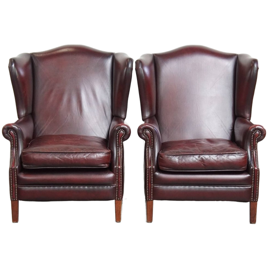 Set Van 2 Mooie En Comfortabele Bordeauxrode Rundleren Oorfauteuils In Engelse Stijl 1