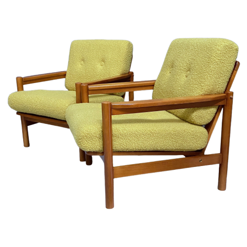 Set Of Two Easy Chairs 1960S, Reupholstered In Oker-Yellow Boucle.