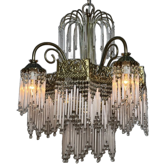 Vintage Art Deco Jaren 20 Stijl Kroonluchter Hanglamp Opaline Staafjes 1