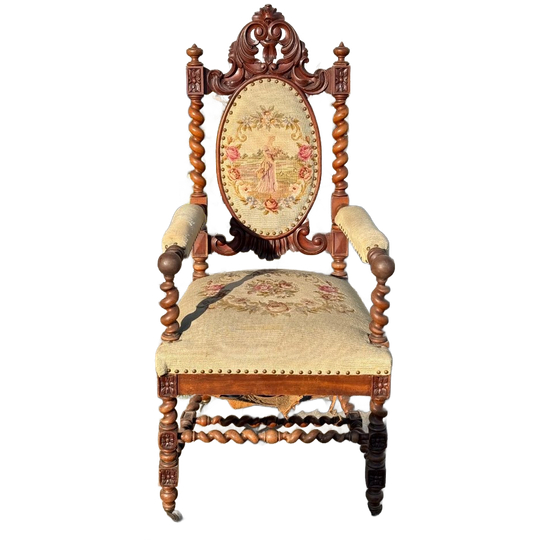 Antique French Carved Walnut Side Armchair With Needle Point Upholstery 1