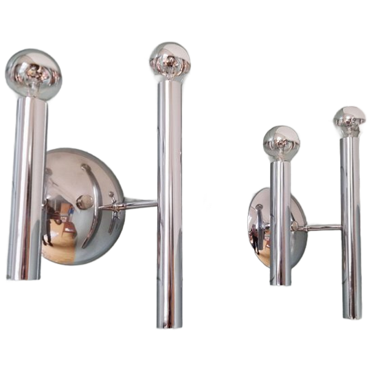 Paar Space Age Wandlampen In Verchroomd Metaal, Gaetano Sciolari, 1970 1