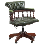 Klassieke Groene Rundleren En Houten Chesterfield Bureaustoel/ Captain Chair In Engelse Stijl thumbnail 1