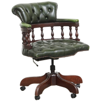 Klassieke Groene Rundleren En Houten Chesterfield Bureaustoel/ Captain Chair In Engelse Stijl