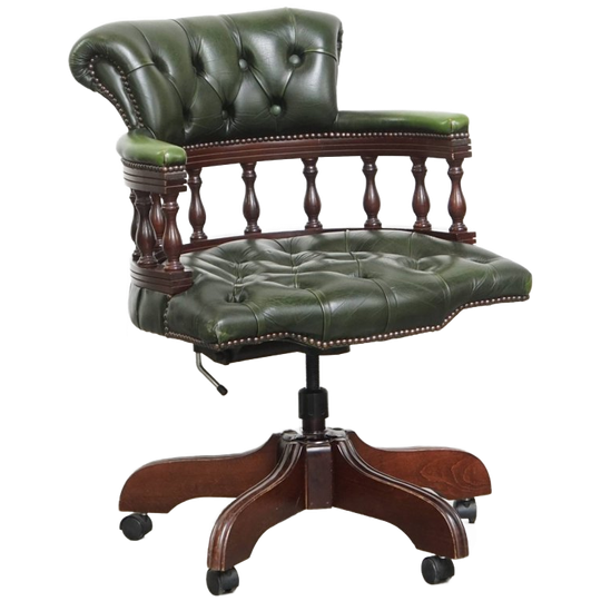 Klassieke Groene Rundleren En Houten Chesterfield Bureaustoel/ Captain Chair In Engelse Stijl 1