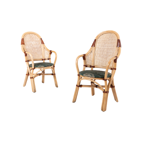 Set Of 2 Vintage 1970’S Rattan-Bamboo Indoor/Outdoor Chairs With Table