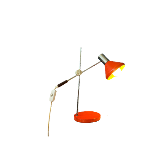 Rode Bureaulamp Uit Het Midden Van De Eeuw - Tafellamp Met Zwenkarm - Chrome Space Age Light 1