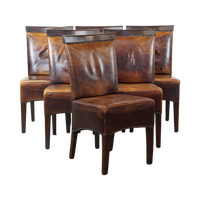 Statige Set Van 6 Cognac Kleurige Lederen Art Deco Design Eetkamerstoelen Gecombineerd Met Hout