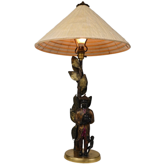 Prachtige Chinoiserie Bronzen Tafellamp Met Jongen, Aap En Boom – Ca. 1940 1