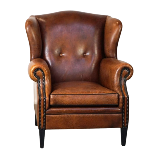 Prachtige Oorfauteuil Van Zeer Goede Kwaliteit Schapenleer Afgewerkt Met Nagels En Zwarte Biezen 1