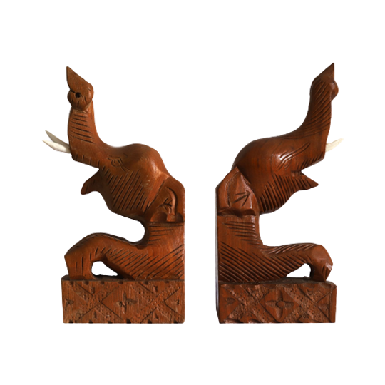 2- Hand Gesneden Houten Olifant Boekensteunen, Thailand Jaren '60 1