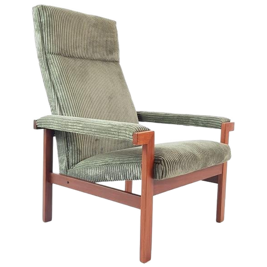 Vintage Deense Fauteuil Groene Ribstof Nieuw Gestoffeerd 1