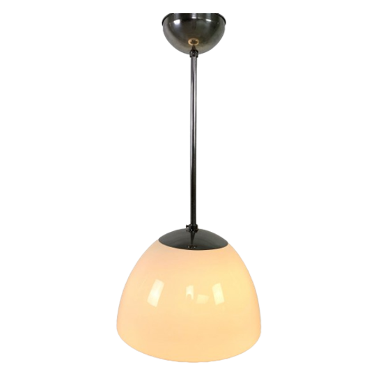 Oude Schoollamp Met Grote Glazen Bol In Opaalglas, Jaren 30 1
