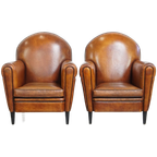 Set Van Twee Stoere Vintage Schapenleren Art Deco Stijl Design Fauteuils thumbnail 1