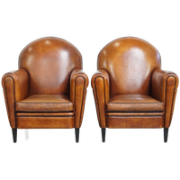 Set Van Twee Stoere Vintage Schapenleren Art Deco Stijl Design Fauteuils