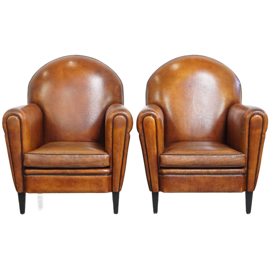 Set Van Twee Stoere Vintage Schapenleren Art Deco Stijl Design Fauteuils 1