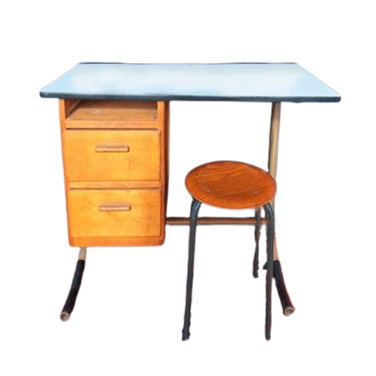 Vintage Lessenaar, Bureau, Metalen Frame, Beuken Lades 1
