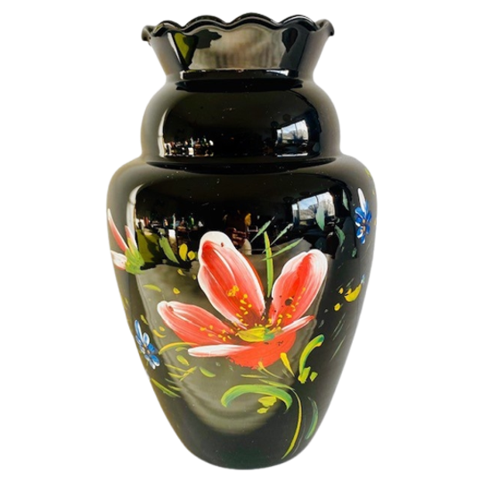 Grote Art Deco Vaas Zwart Booms Glas Bloemen 1