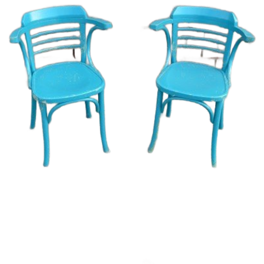 Set Van 2 Blauwe Beukenhouten Armstoelen – Jaren 60 – Vintage Caféstoelen Met Halfronde Rug 1