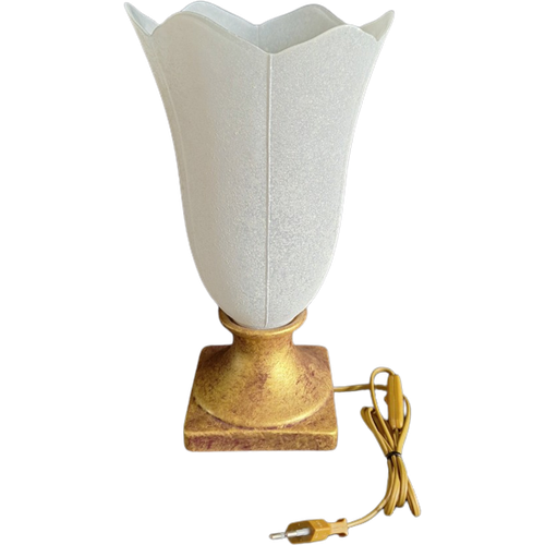 Vintage Murano Glazen Kelk Tafellamp Met Gouddkleurige Aardewerk Voet. Jaren 1970-1980