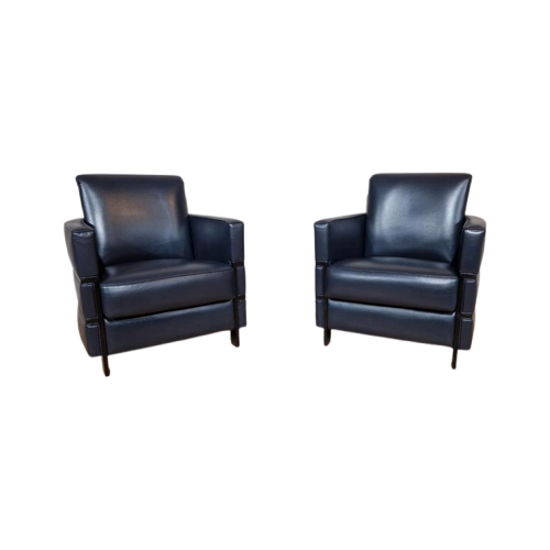 2X Gm Fauteuils - Blauw Zwart - Leder - Hout - Design