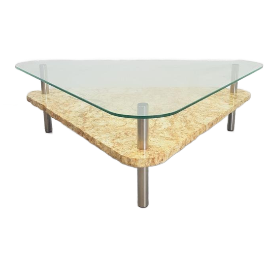 Vintage Traingel Brutalist Salontafel Marmer Glas Tafel '70 1