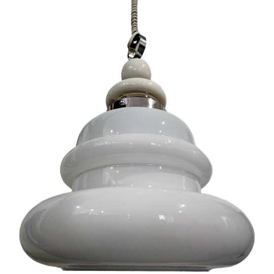 Grote Hanglamp "gradoni", Space Age – Zwaar Wit, Gelaagd Glas – Italië, Jaren 70 1