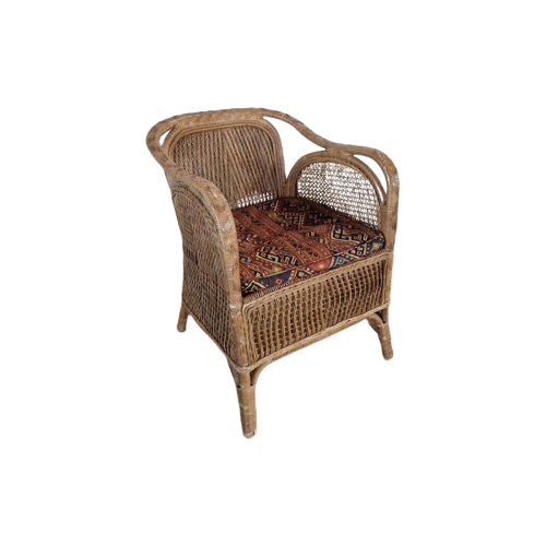 Vintage Rotan Fauteuil Boho Stijl Met Kussen.