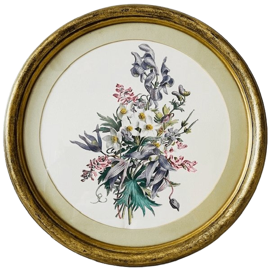 Vintage Rond Ingelijst Bloemenprent Schilderij Goud 1