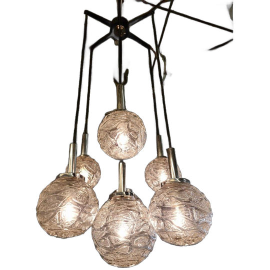 Vintage Kroonluchter 70s Chroom Met 7 Glazen Bollen 1