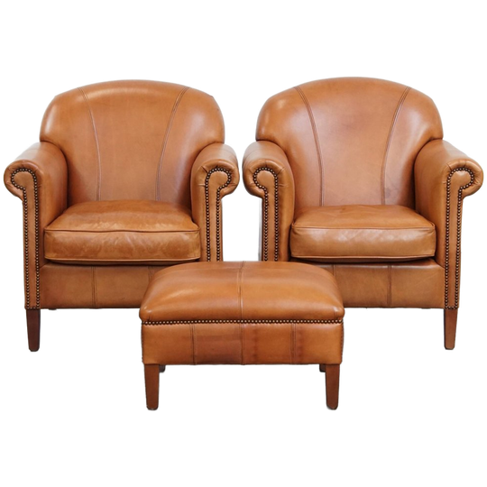 Prachtige En Comfortabele Set Van 2 Rundleren Fauteuils/ Armchairs + Hocker 1