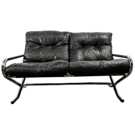 Vintage Zwart Lederen Patchwork Tweezit / Zetel Met Chroom 1