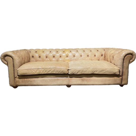 Stoere Industriële Vintage Chesterfield 3 Zits Bank In Vintage Naturel Camel Leer 1