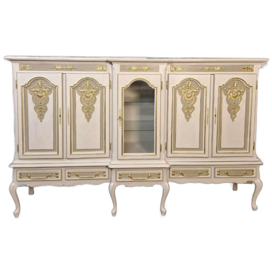 Handbeschilderde Queen Anne Vitrinekast/ Unieke Kast In Creme En Goud 1