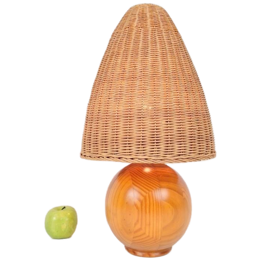 Vintage Pine Houten Bollamp Rotan Kap Tafellamp Bol ‘70 1